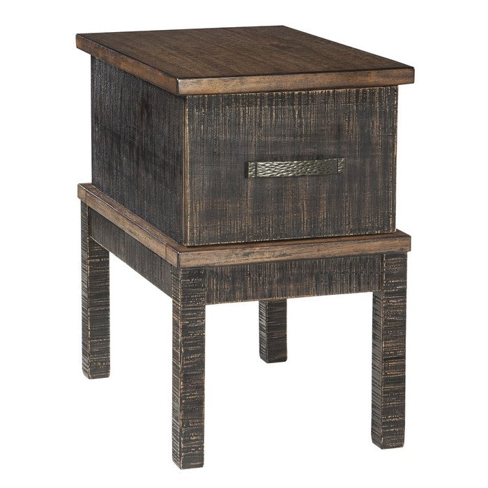 Textured Chair Side End Table with 1 Drawer and Power Strip, Brown