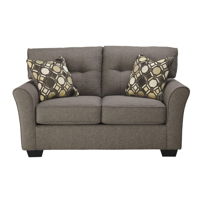 Textured Fabric Upholstered Wooden Loveseat with Flared Arms, Taupe Gray