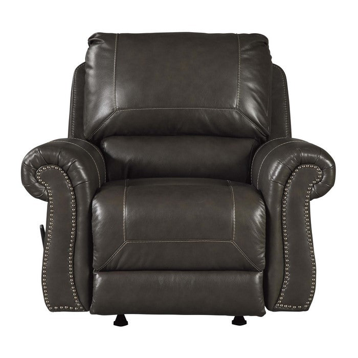 Top Pillow Back Rocker Recliner with Nailhead Trim and Rolled Arms, Brown