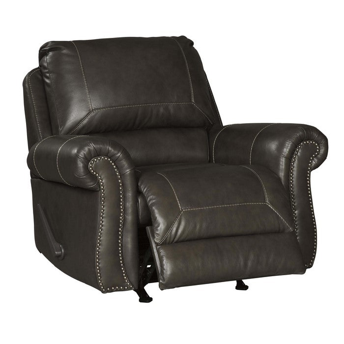 Top Pillow Back Rocker Recliner with Nailhead Trim and Rolled Arms, Brown