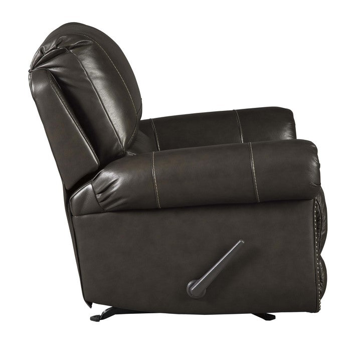 Top Pillow Back Rocker Recliner with Nailhead Trim and Rolled Arms, Brown