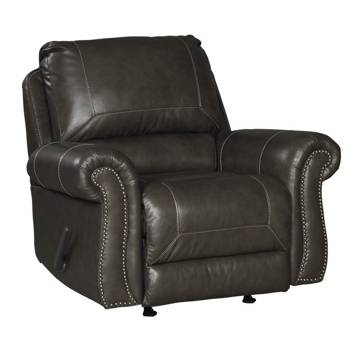 Top Pillow Back Rocker Recliner with Nailhead Trim and Rolled Arms, Brown
