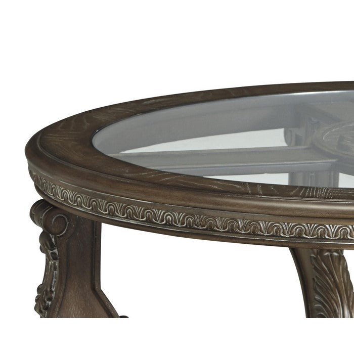 Traditional Oval Cocktail Table with Glass Top and Wooden Carvings, Brown