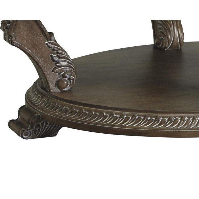 Traditional Oval Cocktail Table with Glass Top and Wooden Carvings, Brown