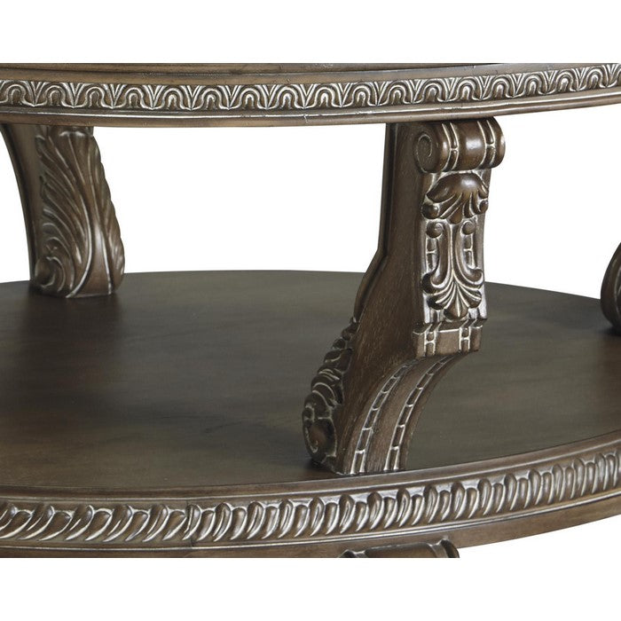 Traditional Oval Cocktail Table with Glass Top and Wooden Carvings, Brown