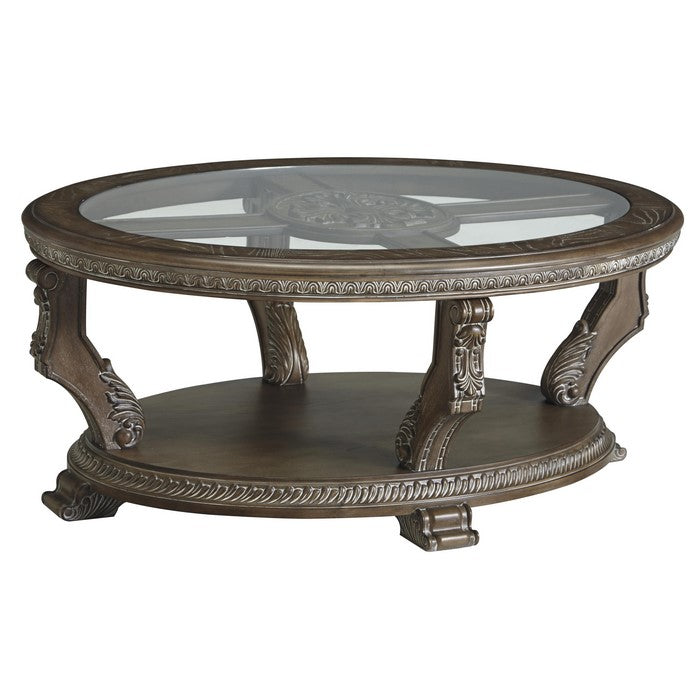 Traditional Oval Cocktail Table with Glass Top and Wooden Carvings, Brown