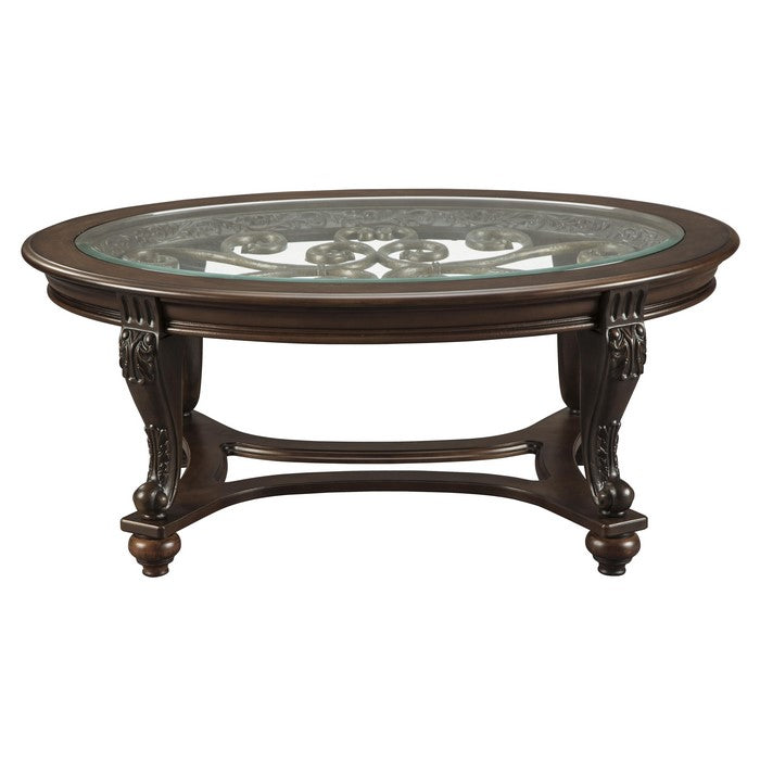 Traditional Wooden Oval Cocktail Table with Glass Top and Bun Feet, Brown