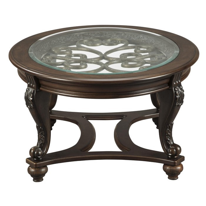 Traditional Wooden Oval Cocktail Table with Glass Top and Bun Feet, Brown