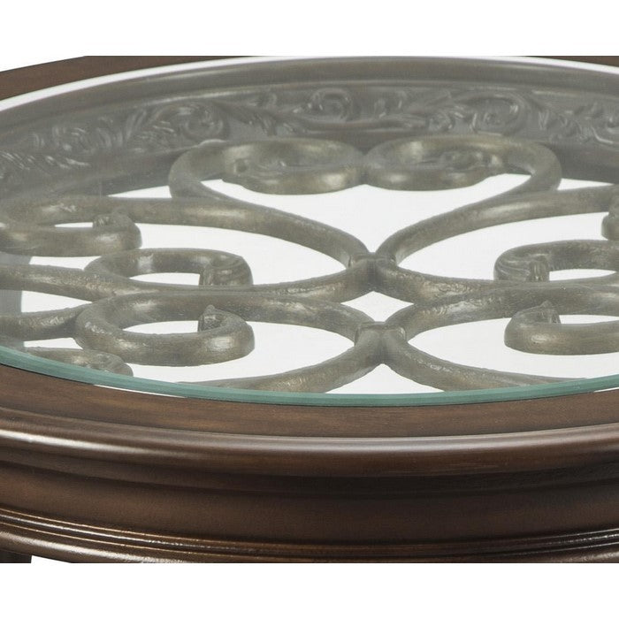 Traditional Wooden Oval Cocktail Table with Glass Top and Bun Feet, Brown