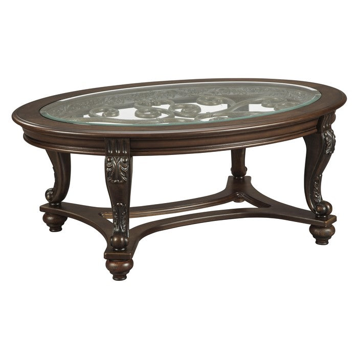 Traditional Wooden Oval Cocktail Table with Glass Top and Bun Feet, Brown