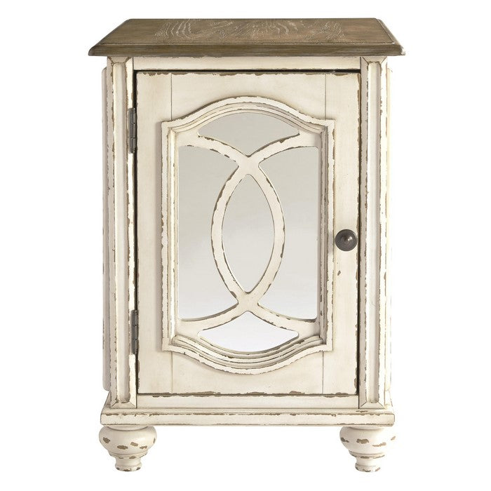 Two Tone Chair Side End Table with Mirror Insert Cabinet, White and Brown