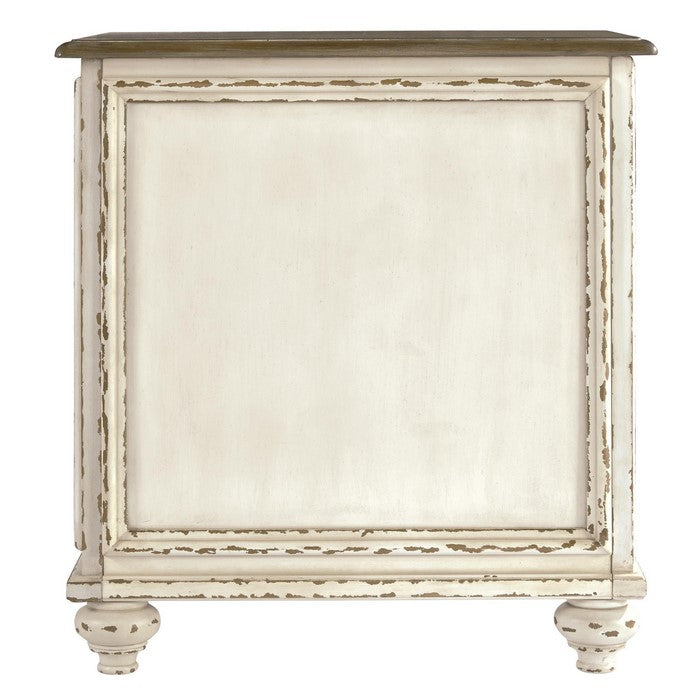 Two Tone Chair Side End Table with Mirror Insert Cabinet, White and Brown