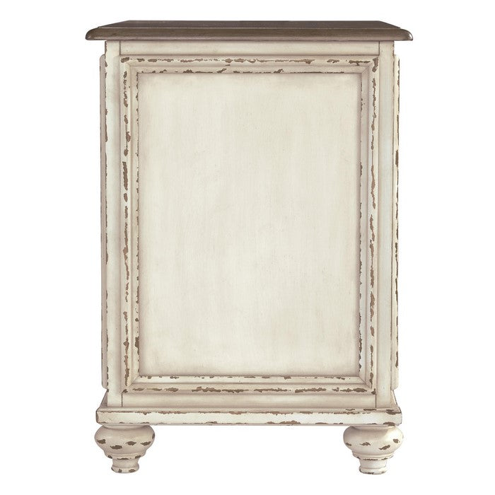 Two Tone Chair Side End Table with Mirror Insert Cabinet, White and Brown