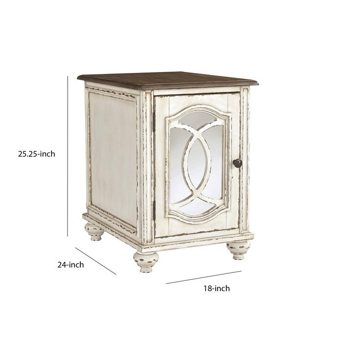 Two Tone Chair Side End Table with Mirror Insert Cabinet, White and Brown