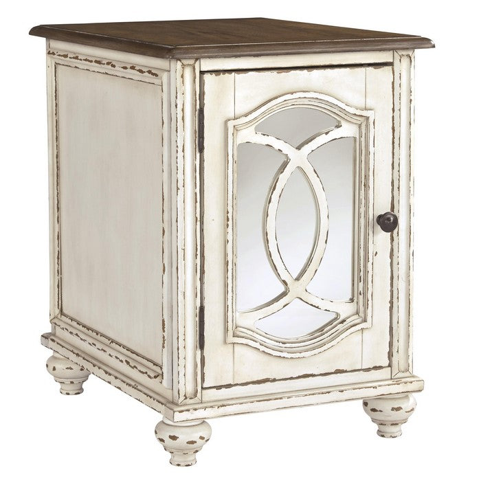 Two Tone Chair Side End Table with Mirror Insert Cabinet, White and Brown