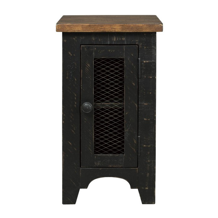 Two Tone Chair Side End Table with Wire Metal Grill Cabinet,Brown and Black
