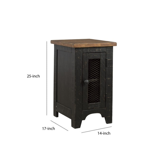 Two Tone Chair Side End Table with Wire Metal Grill Cabinet,Brown and Black