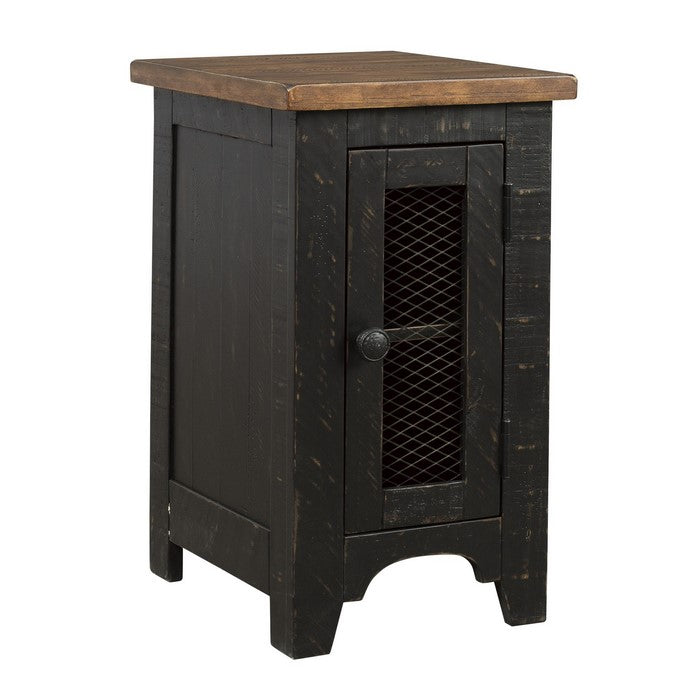 Two Tone Chair Side End Table with Wire Metal Grill Cabinet,Brown and Black