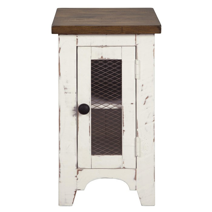 Two Tone Chair Side End Table with Wire Metal Grill Cabinet,Brown and White