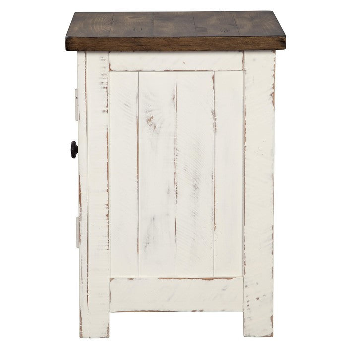 Two Tone Chair Side End Table with Wire Metal Grill Cabinet,Brown and White