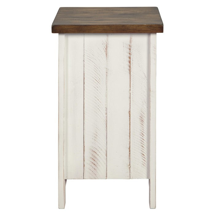 Two Tone Chair Side End Table with Wire Metal Grill Cabinet,Brown and White