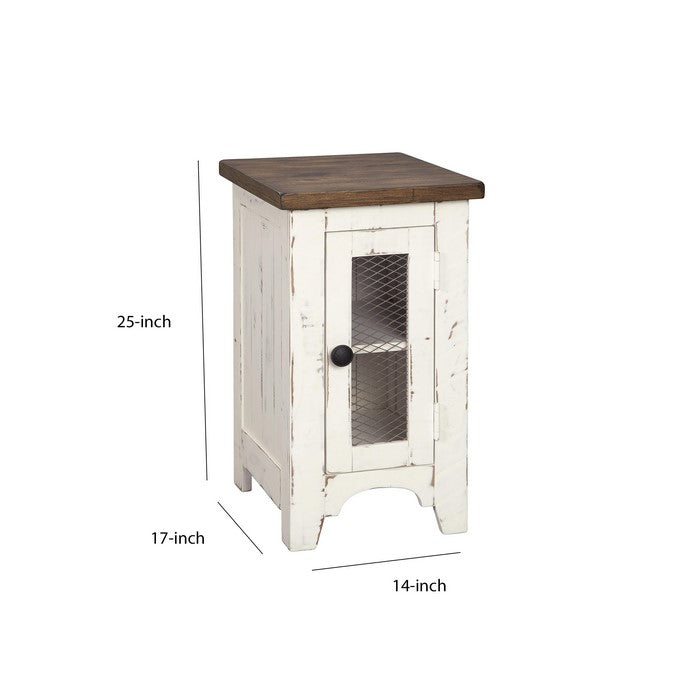 Two Tone Chair Side End Table with Wire Metal Grill Cabinet,Brown and White