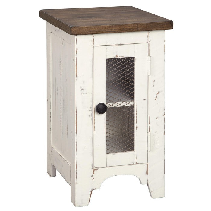 Two Tone Chair Side End Table with Wire Metal Grill Cabinet,Brown and White