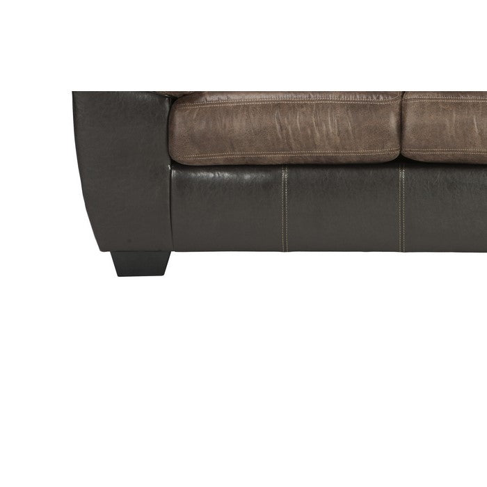 Two Tone Loveseat with Pillow Armrests and Stitched Details,Black and Brown