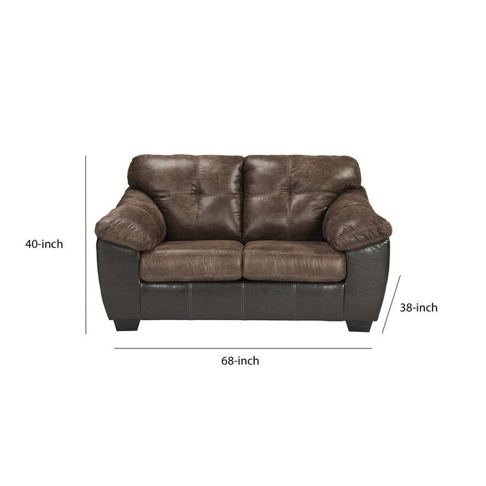 Two Tone Loveseat with Pillow Armrests and Stitched Details,Black and Brown