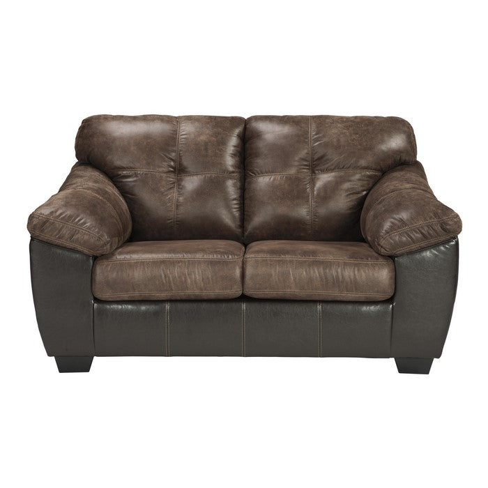 Two Tone Loveseat with Pillow Armrests and Stitched Details,Black and Brown