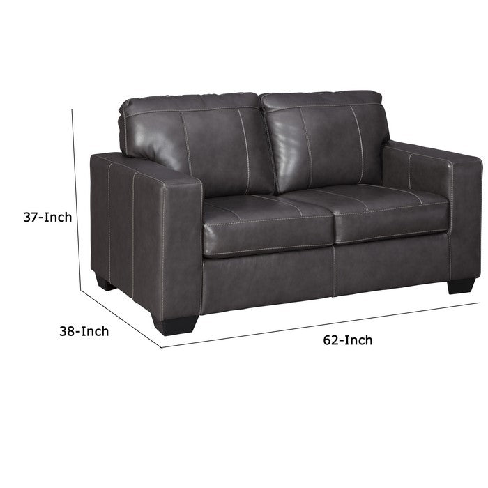 Vertically Stitched Leatherette Loveseat with Track Arms, Dark Gray