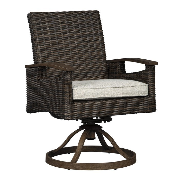 Wicker Woven Aluminum Frame Swivel Lounge Chair, Set of 2, Brown and White