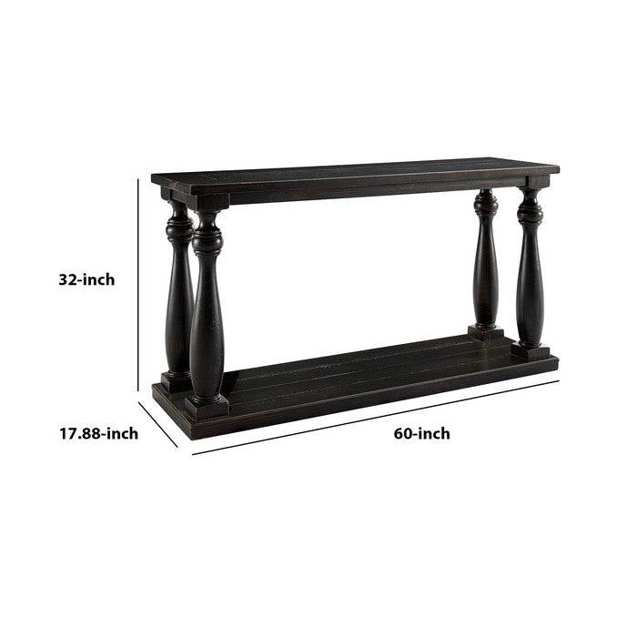 Wire Brush Wooden Frame Sofa Table with Turned Legs, Antique Black