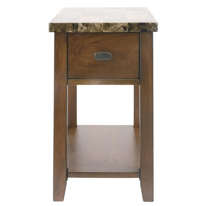 Wooden Chair Side End Table with Faux Marble Top and 1 Drawer, Brown