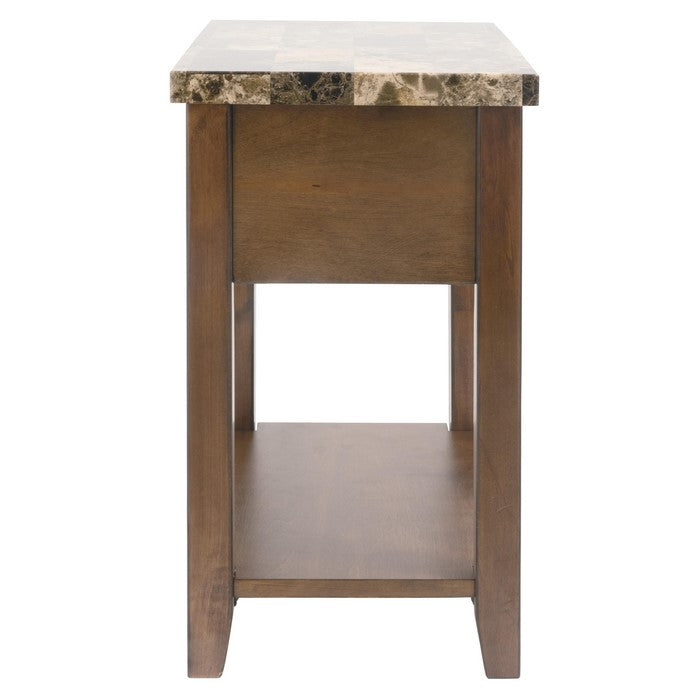Wooden Chair Side End Table with Faux Marble Top and 1 Drawer, Brown