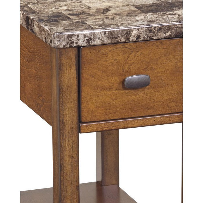 Wooden Chair Side End Table with Faux Marble Top and 1 Drawer, Brown