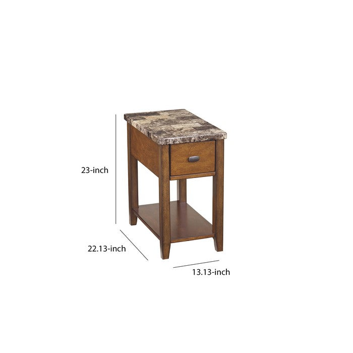 Wooden Chair Side End Table with Faux Marble Top and 1 Drawer, Brown