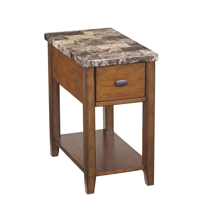 Wooden Chair Side End Table with Faux Marble Top and 1 Drawer, Brown