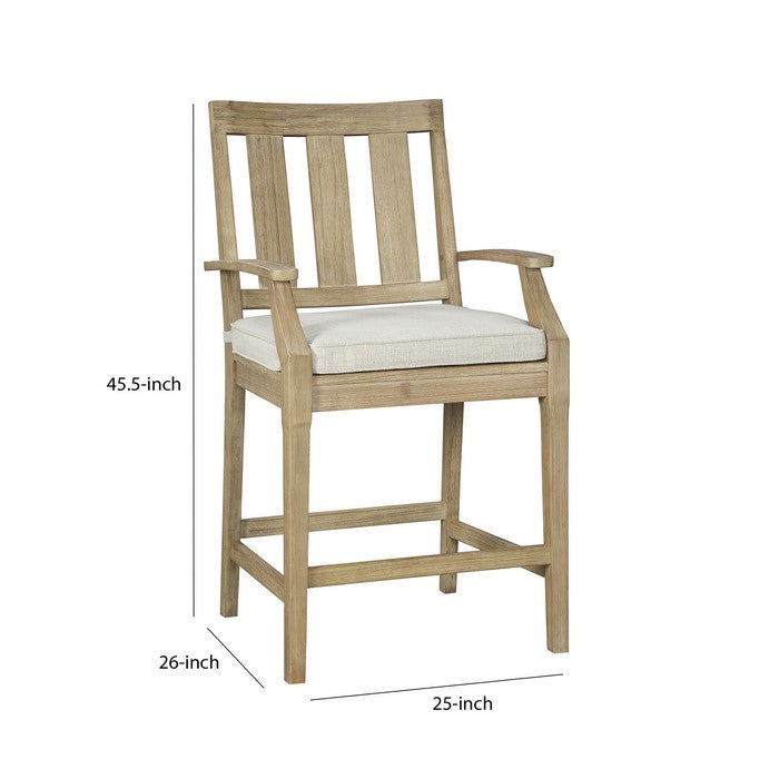 Wooden Counter Height Chair with Slatted Back and Fabric Seat, Set of 2, Brown