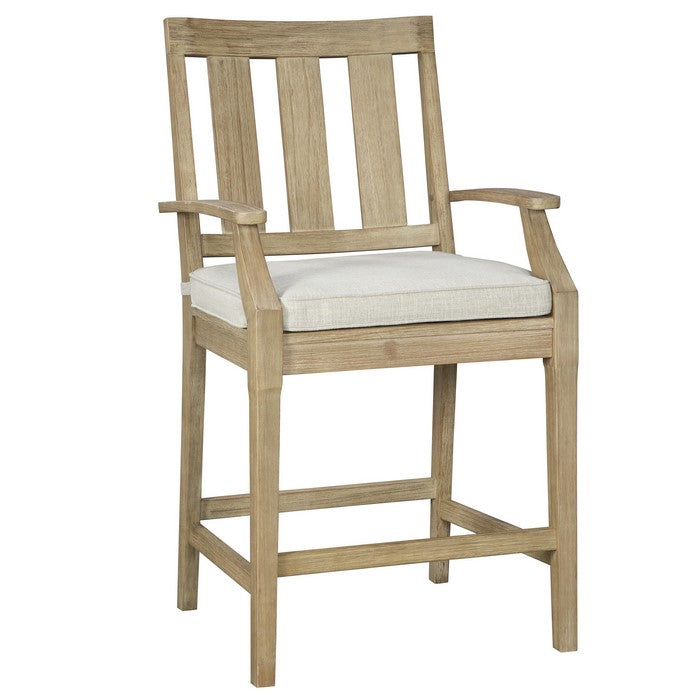 Wooden Counter Height Chair with Slatted Back and Fabric Seat, Set of 2, Brown