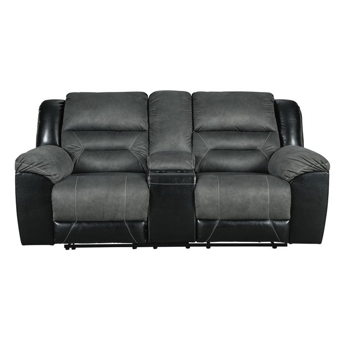 Wooden Dual Recliner Loveseat with Console and Cupholders, Black and Gray