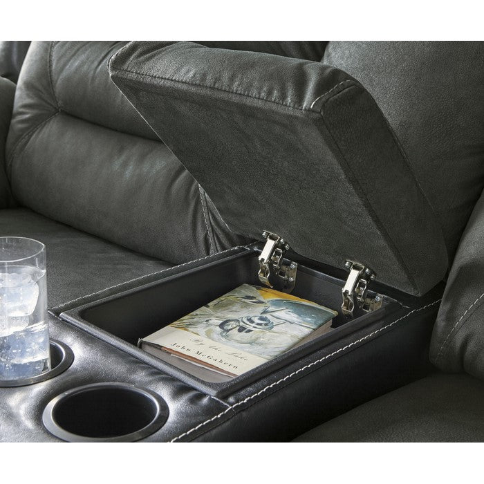 Wooden Dual Recliner Loveseat with Console and Cupholders, Black and Gray