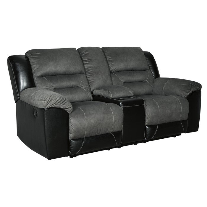 Wooden Dual Recliner Loveseat with Console and Cupholders, Black and Gray