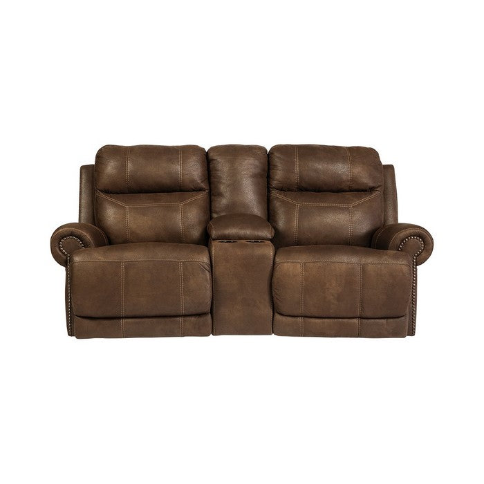 Wooden Dual Recliner Loveseat with Console and Nailhead Trims, Brown