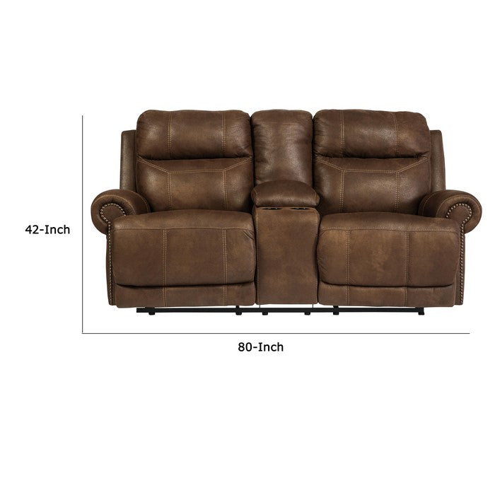 Wooden Dual Recliner Loveseat with Console and Nailhead Trims, Brown