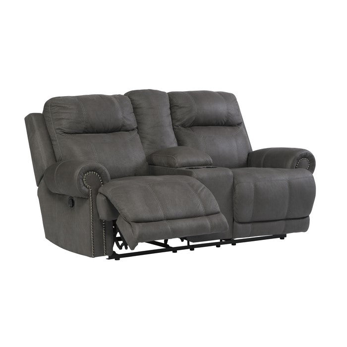 Wooden Dual Recliner Loveseat with Storage Console and Nailhead Trims, Gray