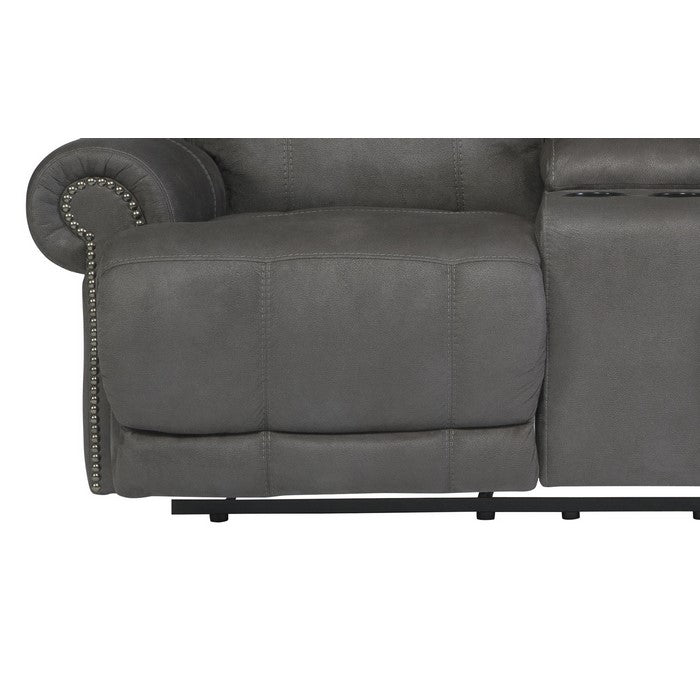 Wooden Dual Recliner Loveseat with Storage Console and Nailhead Trims, Gray