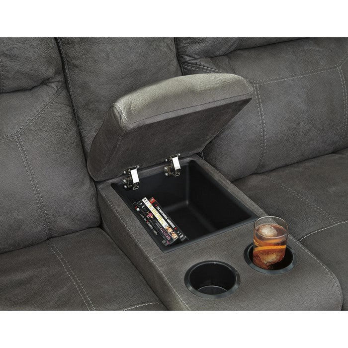 Wooden Dual Recliner Loveseat with Storage Console and Nailhead Trims, Gray