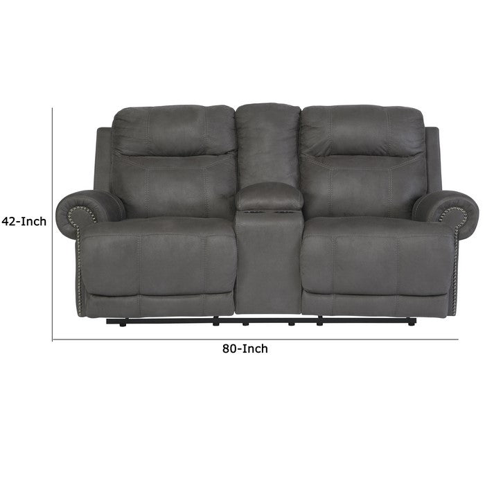 Wooden Dual Recliner Loveseat with Storage Console and Nailhead Trims, Gray