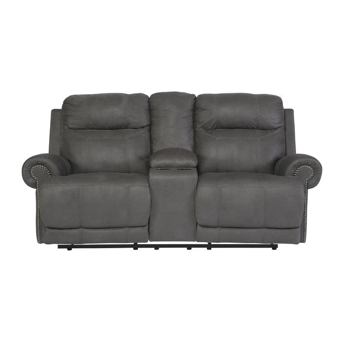 Wooden Dual Recliner Loveseat with Storage Console and Nailhead Trims, Gray